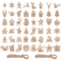 [AJEW-NB0005-40] Décorations suspendues en bois pour calendrier de l'Avent de Noël, numéros 1-24, avec corde de jute 1 mm, pendentifs ~45x43.5x5.5mm, trou 2mm