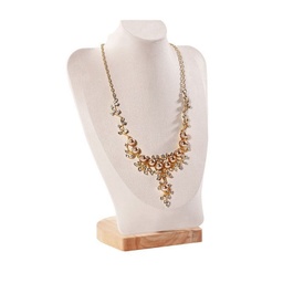 [ODIS-B002-02B-03] Présentoir collier buste en bois et velours blanc, 21.8x12.5x30.1cm