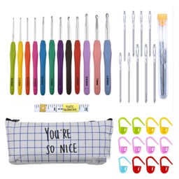 [SENE-PW0003-101B] Kit complet pour le crochet : 14 crochets en aluminium, marqueurs de maille, mètre ruban, aiguilles, sac de rangement bleu et blanc