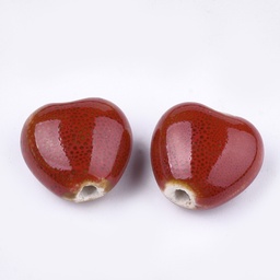 [PORC-S498-15A-19] Perle en porcelaine émaillée, artisanal, coeur rouge, 15x16x10mm, trou 2mm, l'unité