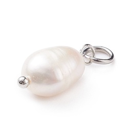 [X-PALLOY-JF01497-02] Pendentif Perle d'eau douce, avec INOX argenté, grade B, 14x6mm, trou 3,6mm, l'unité