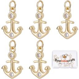 [KK-BBC0003-23] Pendentif en laiton doré, plaqué or 18k, ancre marine avec 2 zircons, 16,5x11,5x2,5mm, trou 3,5mm, l'unité