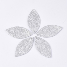 [FIND5 FIND-S301-27D-05] Pendentif en cuir de vachette, feuille, couleur argent, 44x21x1mm, trou 1.5mm