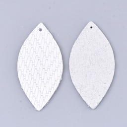 [FIND2] Pendentif en cuir de vachette, feuille, couleur blanc, 44x21x1mm, trou 1.5mm