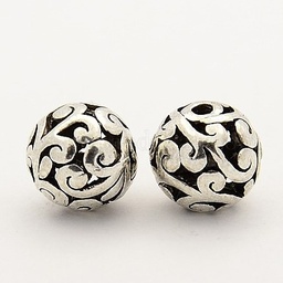 [PALLOY-L118-04] Perle en laiton argenté, dentelle creuse, ronde, diam 10mm, trou 2mm, l'unité